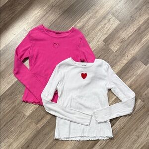 Heart Embroidered Kids Long Sleeve Tops - Pink & White